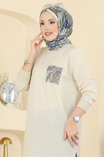 moda selvim Cep Desenli İki İp Tunik 306OZN1046 Bej - Thumbnail