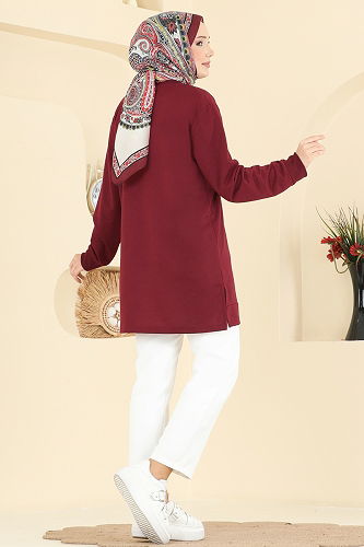 moda selvim Cep Desenli İki İp Tunik 306OZN1046 Bordo - Thumbnail