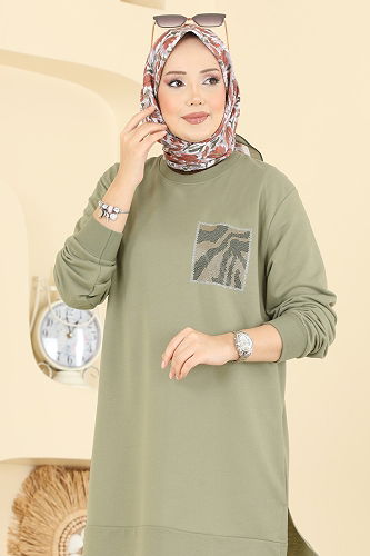 moda selvim Cep Desenli İki İp Tunik 306OZN1046 Haki - Thumbnail