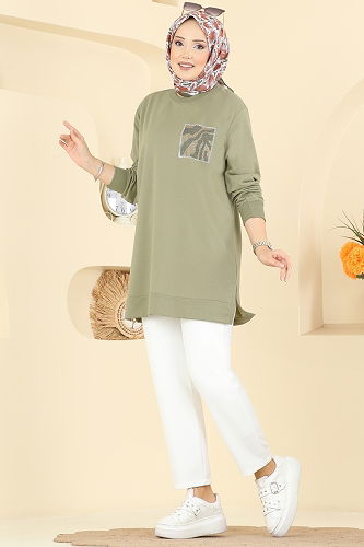 moda selvim Cep Desenli İki İp Tunik 306OZN1046 Haki - Thumbnail