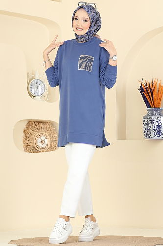 moda selvim Cep Desenli İki İp Tunik 306OZN1046 İndigo - Thumbnail