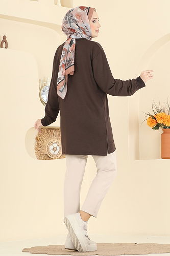 moda selvim Cep Desenli İki İp Tunik 306OZN1046 Kahve - Thumbnail
