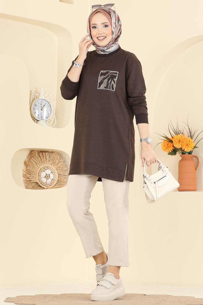 Cep Desenli İki İp Tunik 306OZN1046 Kahve