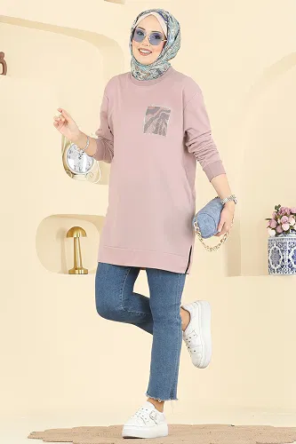 moda selvim Cep Desenli İki İp Tunik 306OZN1046 Pudra Vizyon - Thumbnail