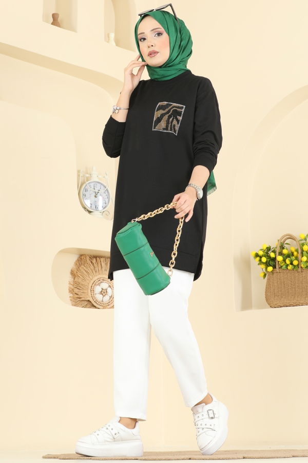 Modaselvim Tunik Cep Desenli İki İp Tunik 306OZN1046 Siyah