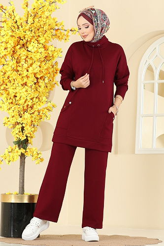 moda selvim Cep Detay Bağcıklı Takım 2742AYD574 Bordo - Thumbnail