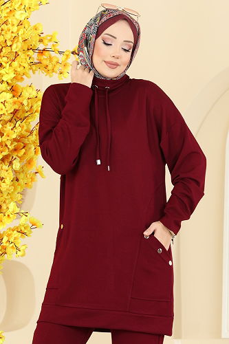 moda selvim Cep Detay Bağcıklı Takım 2742AYD574 Bordo - Thumbnail