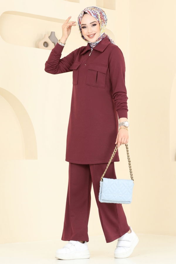 Modaselvim Kombin Cep Detay Tesettür Takım 2600SL432 Bordo
