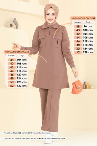 moda selvim Cep Detay Tesettür Takım 2600SL432 Kahve - Thumbnail