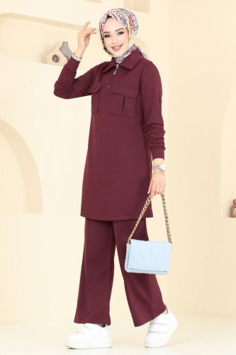 moda selvim Cep Detay Tesettür Takım 2600SL432 Koyu Bordo - Thumbnail