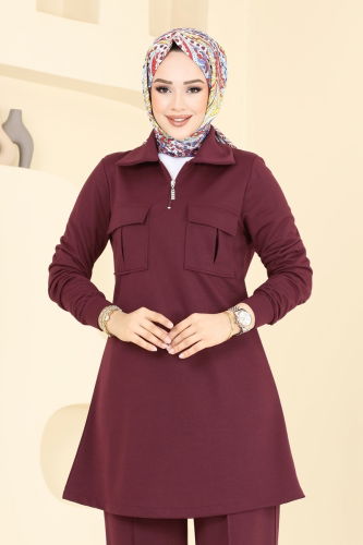 moda selvim Cep Detay Tesettür Takım 2600SL432 Koyu Bordo - Thumbnail