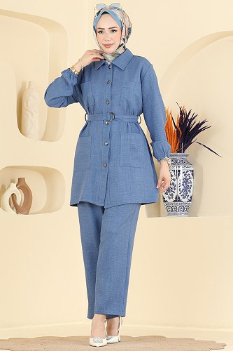 moda selvim Cep Detaylı 2 li Takım 2190ORG1169 Mavi - Thumbnail