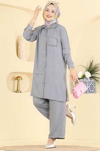 moda selvim Cep Detaylı 2 li Takım 24050UKB139 Açık Gri - Thumbnail