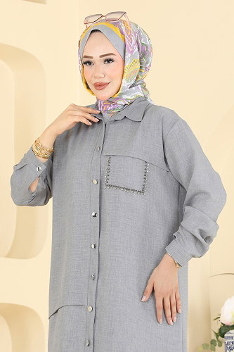 moda selvim Cep Detaylı 2 li Takım 24050UKB139 Açık Gri - Thumbnail
