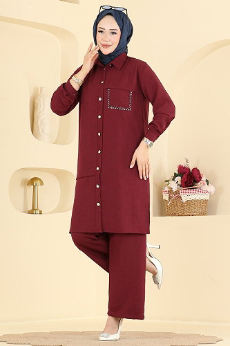moda selvim Cep Detaylı 2 li Takım 24050UKB139 Bordo - Thumbnail