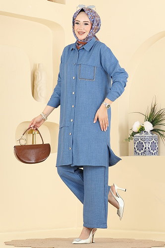 moda selvim Cep Detaylı 2 li Takım 24050UKB139 İndigo - Thumbnail