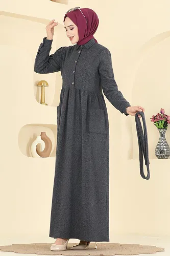 moda selvim Cep Detaylı Balıksırtı Elbise 24012UKB139 Antrasit - Thumbnail
