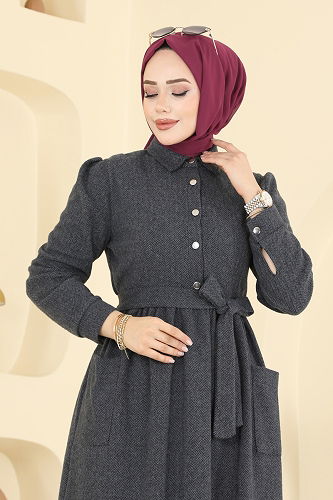 moda selvim Cep Detaylı Balıksırtı Elbise 24012UKB139 Antrasit - Thumbnail