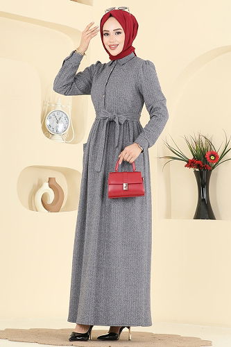 moda selvim Cep Detaylı Balıksırtı Elbise 24012UKB139 Gri - Thumbnail