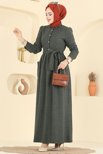 moda selvim Cep Detaylı Balıksırtı Elbise 24012UKB139 Haki - Thumbnail