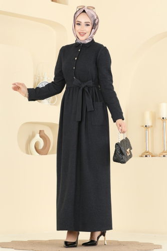 U.K.B. - Cep Detaylı Balıksırtı Elbise 24012UKB139 Siyah