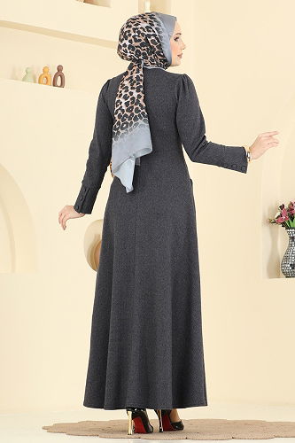 moda selvim Cep Detaylı Balıksırtı Elbise 24018UKB139 Antrasit - Thumbnail