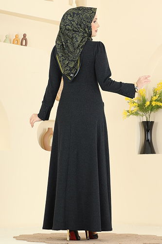 moda selvim Cep Detaylı Balıksırtı Elbise 24018UKB139 Siyah - Thumbnail