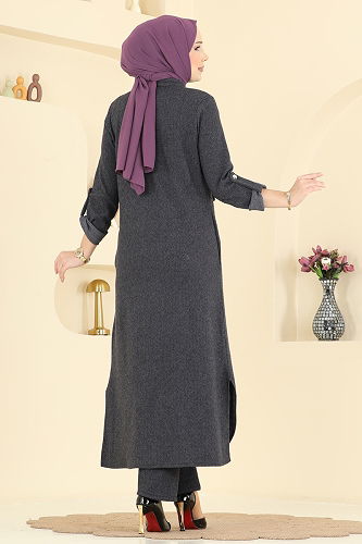 moda selvim Cep Detaylı Balıksırtı Takım 24021UKB139 Antrasit - Thumbnail