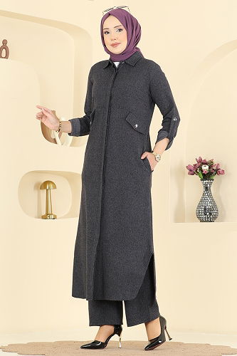 moda selvim Cep Detaylı Balıksırtı Takım 24021UKB139 Antrasit - Thumbnail