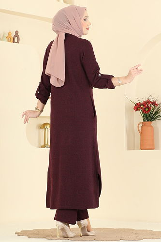 moda selvim Cep Detaylı Balıksırtı Takım 24021UKB139 Bordo - Thumbnail