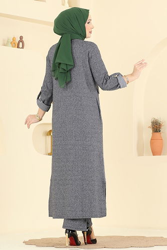 moda selvim Cep Detaylı Balıksırtı Takım 24021UKB139 Gri - Thumbnail