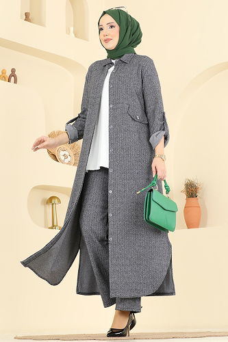 moda selvim Cep Detaylı Balıksırtı Takım 24021UKB139 Gri - Thumbnail