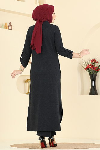 moda selvim Cep Detaylı Balıksırtı Takım 24021UKB139 Siyah - Thumbnail