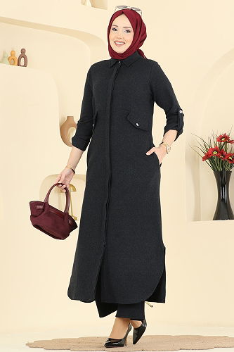 moda selvim Cep Detaylı Balıksırtı Takım 24021UKB139 Siyah - Thumbnail