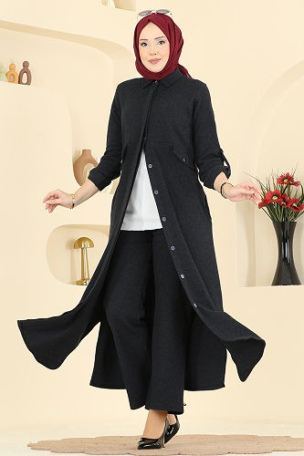 moda selvim Cep Detaylı Balıksırtı Takım 24021UKB139 Siyah - Thumbnail