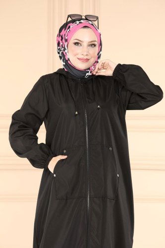 moda selvim Cep Detaylı Bondit Trençkot 3001KTR750 Siyah - Thumbnail