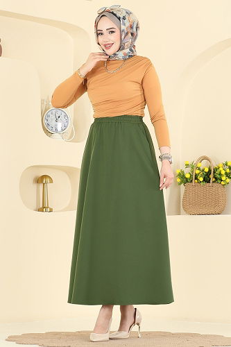 moda selvim Cep Detaylı Dabıl Etek 213BRZ597 Haki - Thumbnail