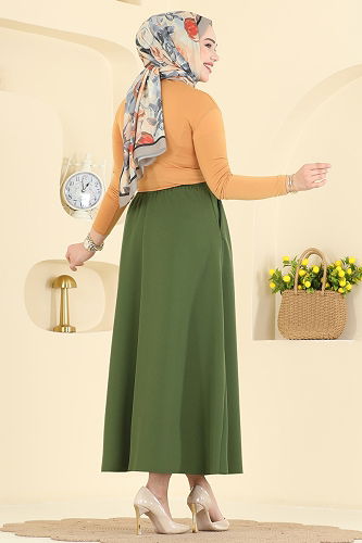 moda selvim Cep Detaylı Dabıl Etek 213BRZ597 Haki - Thumbnail