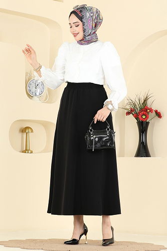 moda selvim Cep Detaylı Dabıl Etek 213BRZ597 Siyah - Thumbnail