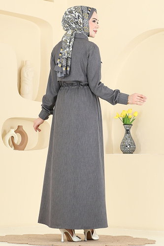 moda selvim Cep Detaylı Düğmeli Elbise 24038UKB139 Antrasit - Thumbnail