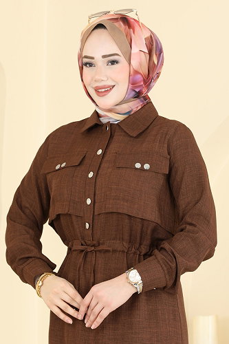 moda selvim Cep Detaylı Düğmeli Elbise 24038UKB139 Kahve - Thumbnail