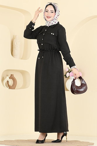 moda selvim Cep Detaylı Düğmeli Elbise 24038UKB139 Siyah - Thumbnail