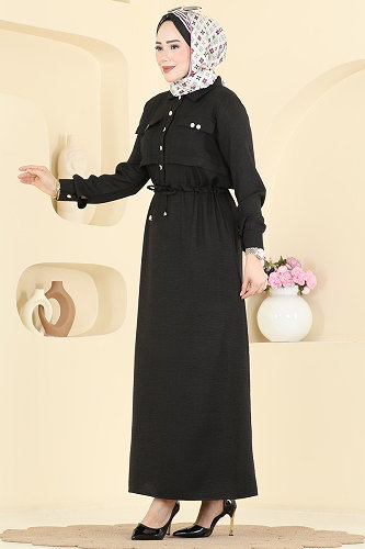 moda selvim Cep Detaylı Düğmeli Elbise 24038UKB139 Siyah - Thumbnail