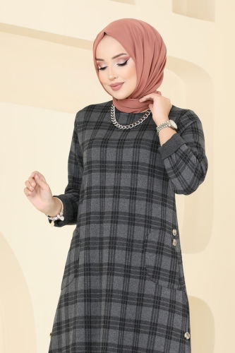 moda selvim Cep Detaylı Ekose Tunik 1102BRZ597 Antrasit - Thumbnail