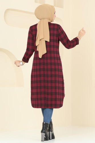 moda selvim Cep Detaylı Ekose Tunik 1102BRZ597 Bordo - Thumbnail