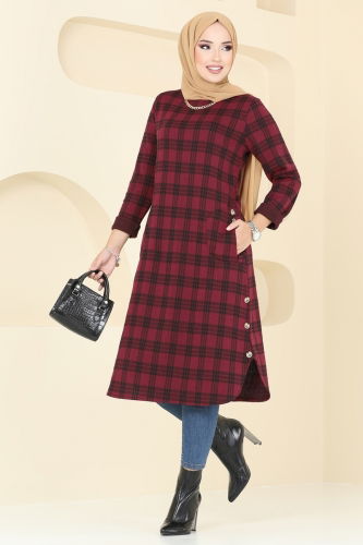 moda selvim Cep Detaylı Ekose Tunik 1102BRZ597 Bordo - Thumbnail