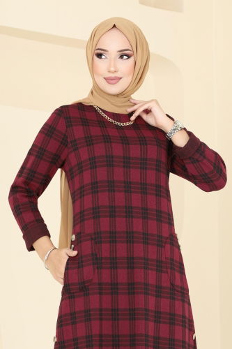 moda selvim Cep Detaylı Ekose Tunik 1102BRZ597 Bordo - Thumbnail