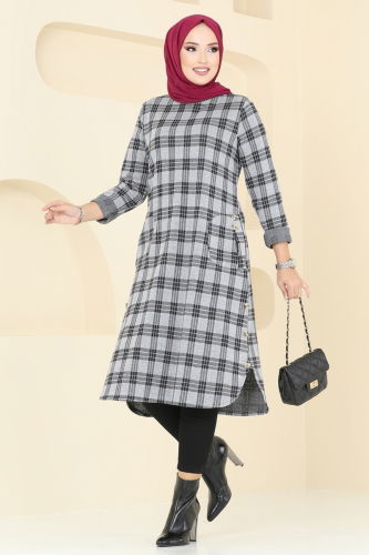 moda selvim Cep Detaylı Ekose Tunik 1102BRZ597 Gri - Thumbnail