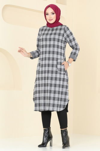 moda selvim Cep Detaylı Ekose Tunik 1102BRZ597 Gri - Thumbnail