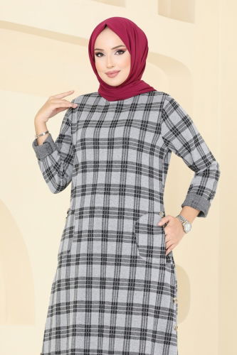 moda selvim Cep Detaylı Ekose Tunik 1102BRZ597 Gri - Thumbnail